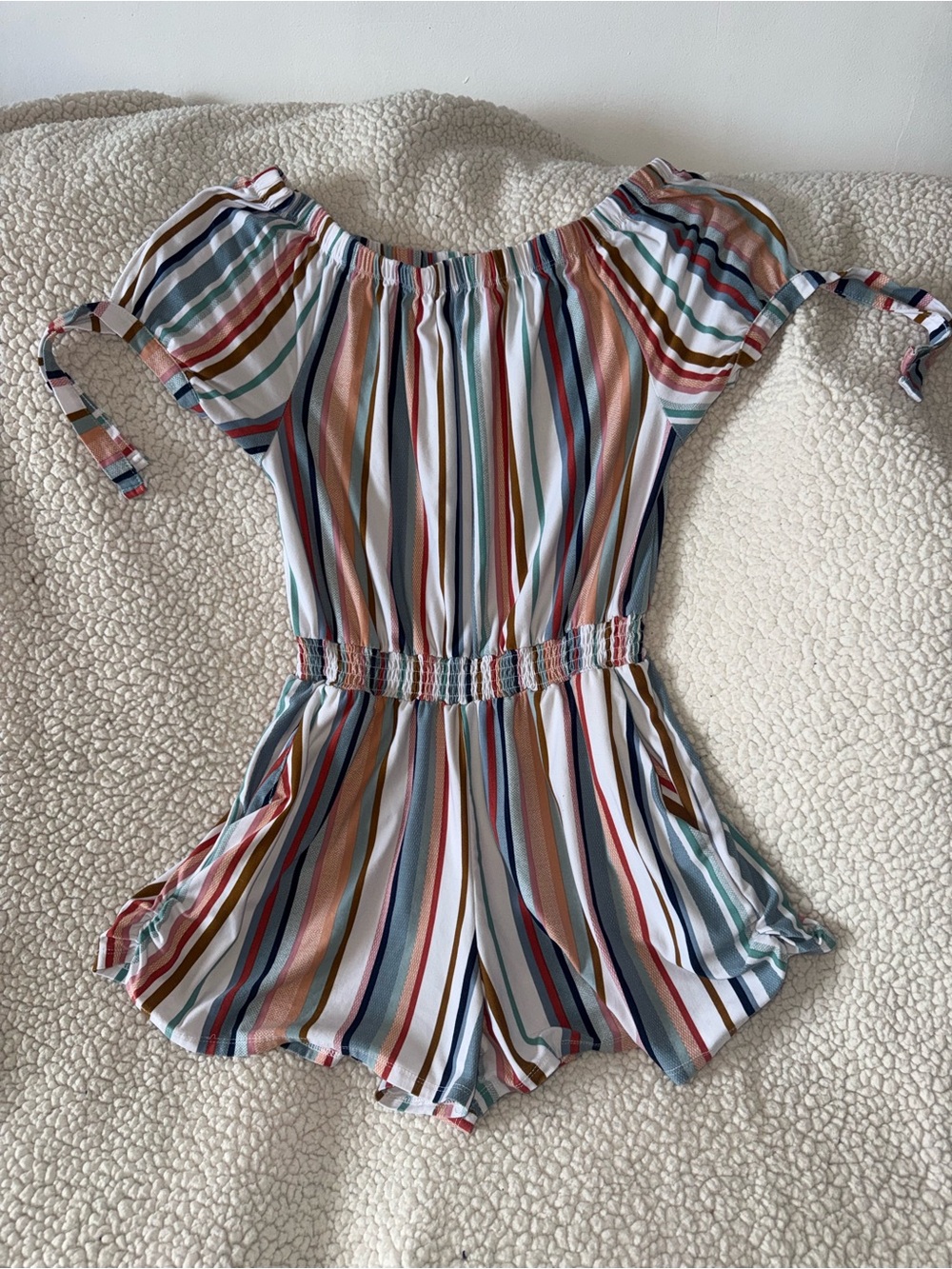 Derek Heart Multi-Stripe Off-Shoulder Romper in White, Blue & Pink